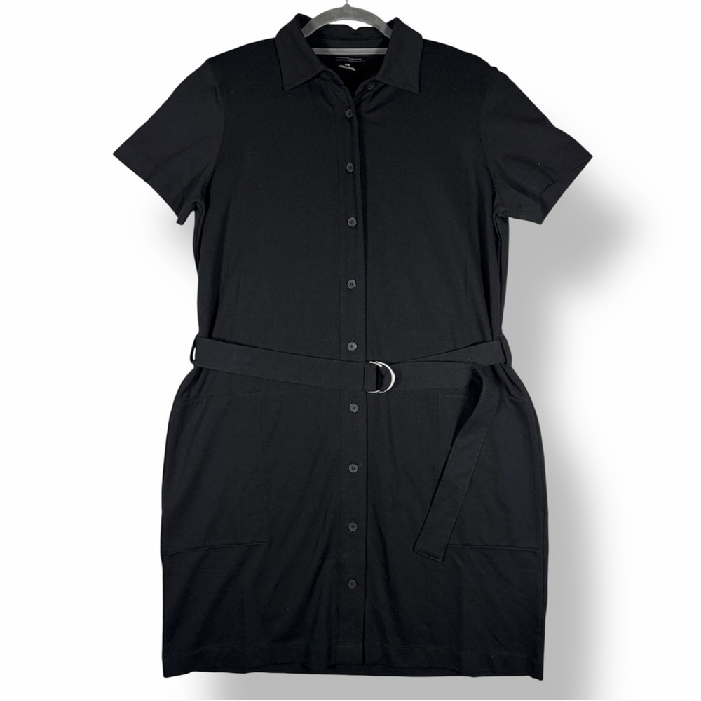 CLUB MONACO Black Ponte Knit Belted Button Front Mini Shirt Dress L - Picture 2 of 7